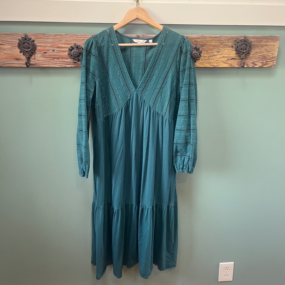 Boden D0492 Emerald Green Cotton Pointelle Tiered Midi Dress US 14R UK 18R